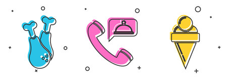 Set Chicken leg, Food ordering and Ice cream in waffle cone icon. Vector