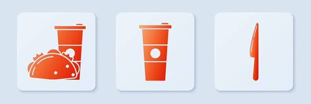 Set Paper glass and water, Paper glass and taco with tortilla and Knife. White square button. Vectorのイラスト素材