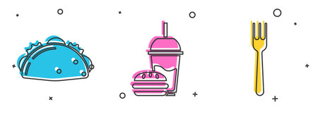 Set Taco with tortilla, Paper glass with drinking straw and burger and Fork icon. Vector