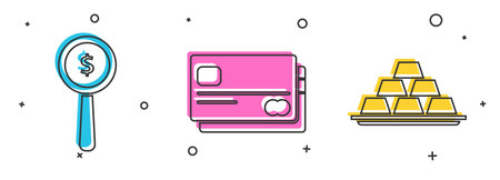 Set Magnifying glass and dollar symbol, Credit card and Gold bars icon. Vectorのイラスト素材