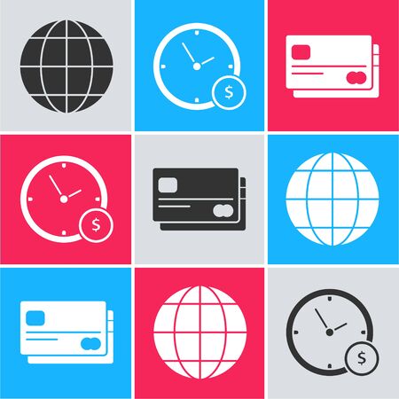 Set Earth globe, Time is money and Credit card icon. Vectorのイラスト素材