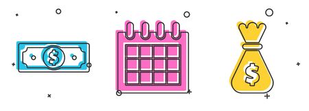 Set Stacks paper money cash, Calendar and Money bag icon. Vectorのイラスト素材
