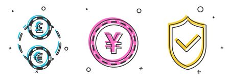 Set American Football ball and helmet, Coin money with Yen symbol and Shield with check mark icon. Vectorのイラスト素材