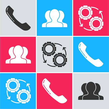 Set Telephone handset, Users group and Gear and arrows as workflow process concept icon. Vectorのイラスト素材
