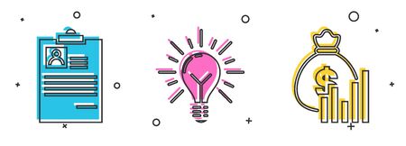 Set Clipboard with resume, Light bulb with rays shine and concept of idea and Money bag and diagram graph icon. Vectorのイラスト素材