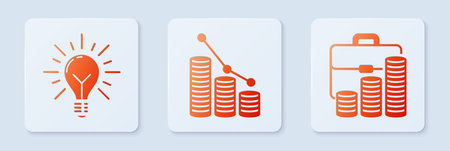 Set Pie chart infographic and coin, Light bulb with rays shine and concept of idea and Briefcase and...