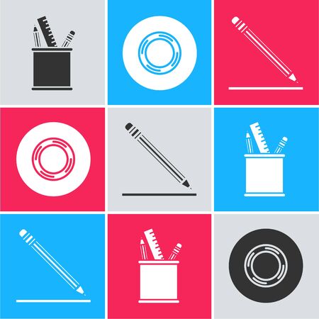 Set Pencil case stationery, Scotch and Pencil with eraser and line icon. Vectorのイラスト素材