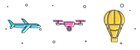 Set Plane, Drone flying with action video camera and Hot air balloon icon. Vectorのイラスト素材