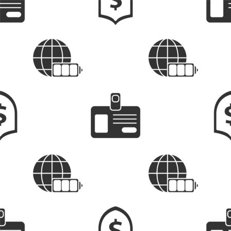 Set Shield with dollar symbol, Identification badge and Battery charge level indicator with earth globe on seamless pattern. Vectorのイラスト素材