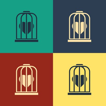 Color Heart in the bird cage icon isolated on color background. Love sign. Valentines symbol. Vintage style drawing. Vector Illustrationのイラスト素材