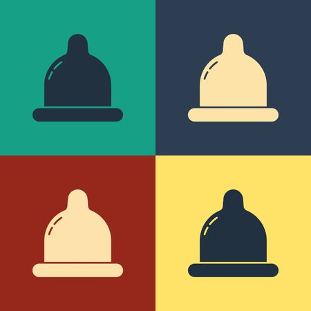 Color Condom icon isolated on color background. Safe love symbol. Contraceptive method for male. Vintage style drawing. Vector Illustrationのイラスト素材
