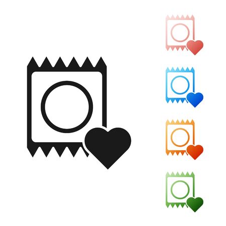 Black Condom in package icon isolated on white background. Safe love symbol. Contraceptive method for male. Set icons colorful. Vector Illustrationのイラスト素材