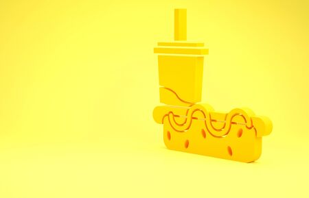 Yellow Paper glass with drinking straw and hotdog icon isolated on yellow background. Soda aqua drink sign. Hamburger, cheeseburger sandwich. Minimalism concept. 3d illustration 3D renderの写真素材