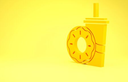 Yellow Paper glass with drinking straw and donut icon isolated on yellow background. Soda aqua drink sign. Fast food menu. Minimalism concept. 3d illustration 3D renderの写真素材