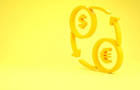 Yellow Money exchange icon isolated on yellow background. Euro and Dollar cash transfer symbol. Banking currency sign. Minimalism concept. 3d illustration 3D renderの写真素材