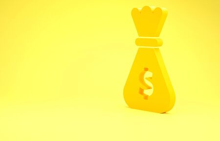 Yellow Money bag icon isolated on yellow background. Dollar or USD symbol. Cash Banking currency sign. Minimalism concept. 3d illustration 3D renderの写真素材