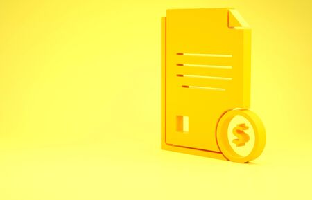 Yellow Finance document icon isolated on yellow background. Paper bank document with dollar coin for invoice or bill concept. Minimalism concept. 3d illustration 3D renderの写真素材