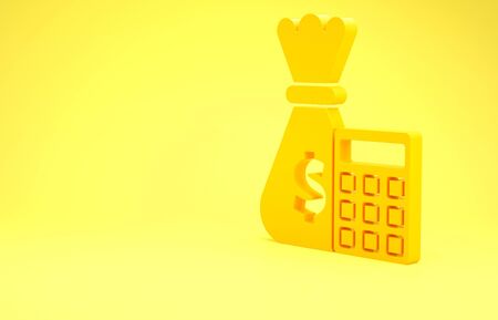 Yellow Calculator with money bag icon isolated on yellow background. Accounting sign. Calculate finance symbol. Minimalism concept. 3d illustration 3D renderの写真素材