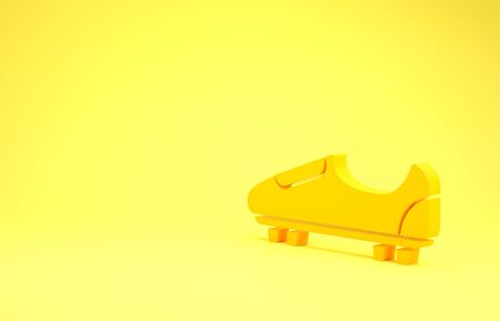 Yellow Soccer or football shoes with spikes icon isolated on yellow background. American football boot. Minimalism concept. 3d illustration 3D renderの写真素材
