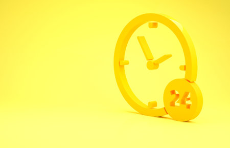 Yellow Clock 24 hours icon isolated on yellow background. All day cyclic icon. 24 hours service...