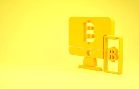 Yellow Computer monitor with mobile phone and bitcoin icon isolated on yellow background. Online shopping concept. Earnings in the Internet. Minimalism concept. 3d illustration 3D renderの写真素材