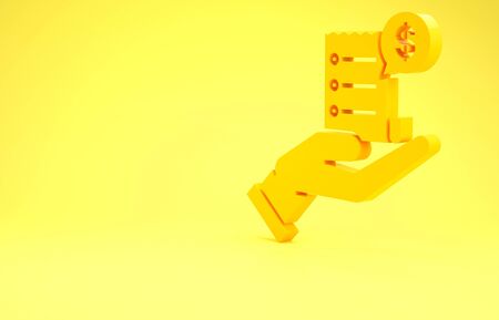 Yellow Human hand holding with blank receipt or bill for payment icon isolated on yellow background. Banking and business operations. Minimalism concept. 3d illustration 3D renderの写真素材
