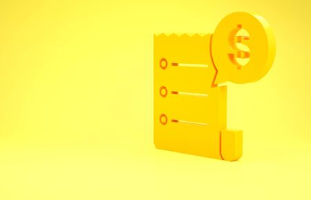 Yellow Paper check and financial check icon isolated on yellow background. Paper print check, shop receipt or bill. Minimalism concept. 3d illustration 3D renderの写真素材