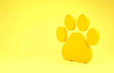 Yellow Paw print icon isolated on yellow background. Dog or cat paw print. Animal track. Minimalism concept. 3d illustration 3D renderの写真素材