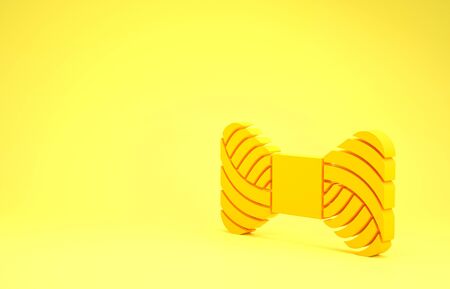 Yellow Sewing thread on spool icon isolated on yellow background. Yarn spool. Thread bobbin. Minimalism concept. 3d illustration 3D renderの写真素材