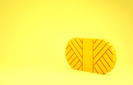 Yellow Sewing thread on spool icon isolated on yellow background. Yarn spool. Thread bobbin. Minimalism concept. 3d illustration 3D renderの写真素材