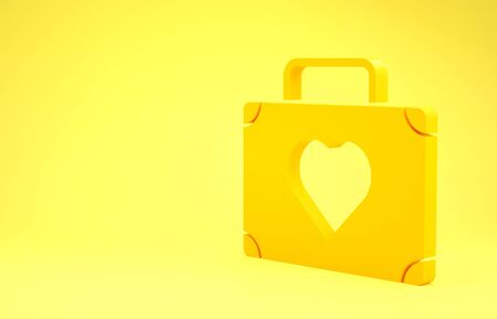 Yellow Suitcase for travel with heart icon isolated on yellow background. Honeymoon symbol. Traveling baggage sign. Travel luggage icon. Minimalism concept. 3d illustration 3D renderの写真素材