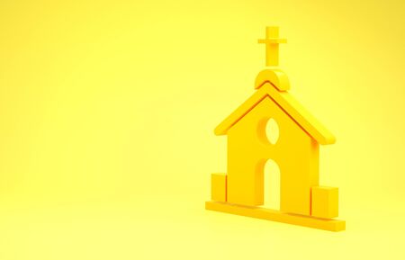 Yellow Church building icon isolated on yellow background. Christian Church. Religion of church. Minimalism concept. 3d illustration 3D renderの写真素材