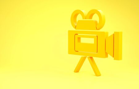 Yellow Cinema camera icon isolated on yellow background. Video camera. Movie sign. Film projector. Minimalism concept. 3d illustration 3D renderの写真素材