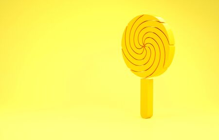Yellow Lollipop icon isolated on yellow background. Food, delicious symbol. Minimalism concept. 3d illustration 3D renderの写真素材