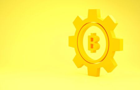 Yellow Cryptocurrency coin Bitcoin icon isolated on yellow background. Gear and Bitcoin setting. Blockchain based secure crypto currency. Minimalism concept. 3d illustration 3D renderの写真素材