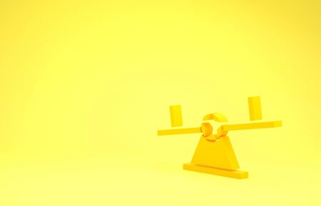Yellow Seesaw icon isolated on yellow background. Teeter equal board. Playground symbol. Minimalism concept. 3d illustration 3D renderの写真素材