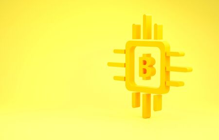Yellow CPU mining farm icon isolated on yellow background. Bitcoin sign inside processor. Cryptocurrency mining community. Digital money. Minimalism concept. 3d illustration 3D renderの写真素材