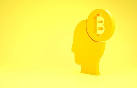Yellow Bitcoin think icon isolated on yellow background. Cryptocurrency head. Blockchain technology, digital money market, cryptocoin wallet. Minimalism concept. 3d illustration 3D renderの写真素材