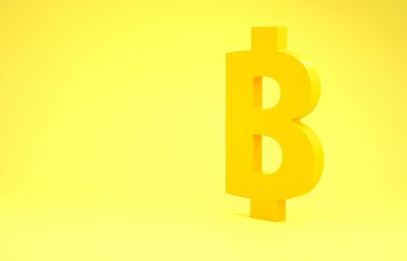 Yellow Cryptocurrency coin Bitcoin icon isolated on yellow background. Physical bit coin. Blockchain based secure crypto currency. Minimalism concept. 3d illustration 3D renderの写真素材