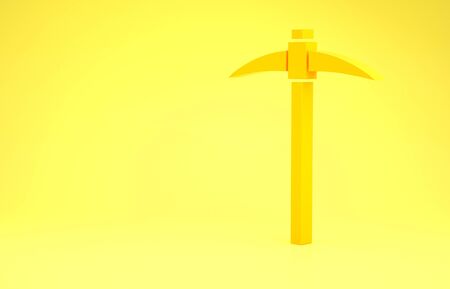 Yellow Pickaxe icon isolated on yellow background. Blockchain technology, cryptocurrency mining, bitcoin, digital money market, cryptocoin wallet. Minimalism concept. 3d illustration 3D renderの写真素材
