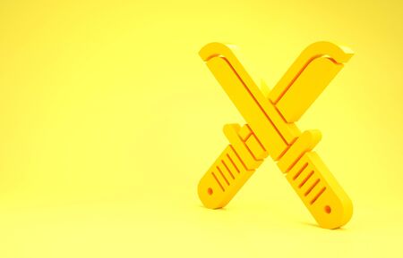 Yellow Crossed hunter knife icon isolated on yellow background. Army knife. Minimalism concept. 3d illustration 3D renderの写真素材