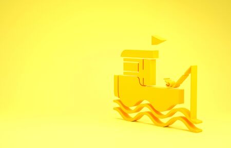 Yellow Fishing boat with fishing rod on water icon isolated on yellow background. Minimalism concept. 3d illustration 3D renderの写真素材