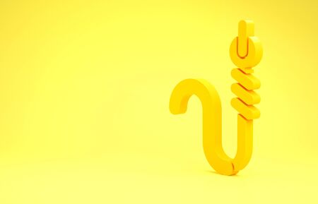 Yellow Fishing hook and worm icon isolated on yellow background. Fishing tackle. Minimalism concept. 3d illustration 3D renderの写真素材