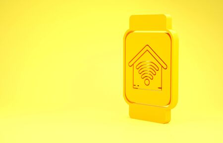 Yellow Smart watch with smart home with wifi icon isolated on yellow background. Remote control. Minimalism concept. 3d illustration 3D renderの写真素材