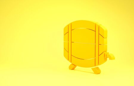 Yellow Wooden barrel on rack with stopcock icon isolated on yellow background. Minimalism concept. 3d illustration 3D renderの写真素材