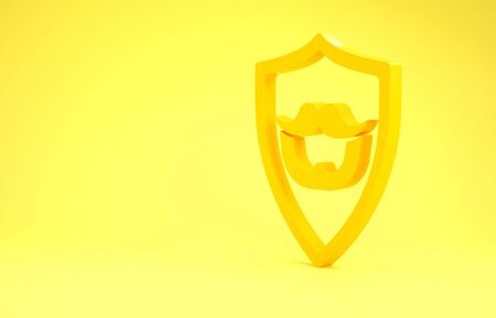Yellow Mustache and beard on shield icon isolated on yellow background. Barbershop symbol. Facial hair style. Minimalism concept. 3d illustration 3D renderの写真素材