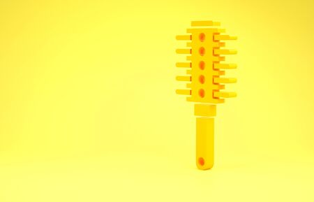Yellow Hairbrush icon isolated on yellow background. Comb hair sign. Barber symbol. Minimalism concept. 3d illustration 3D renderの写真素材