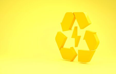 Yellow Battery with recycle symbol line icon isolated on yellow background. Battery with recycling symbol - renewable energy concept. Minimalism concept. 3d illustration 3D renderの写真素材