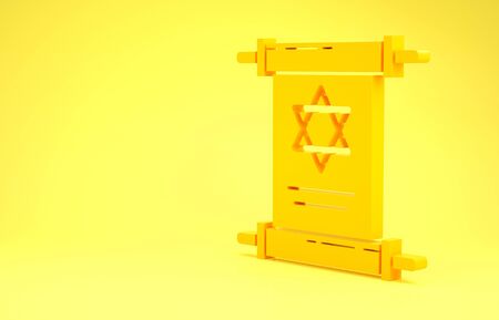 Yellow Torah scroll icon isolated on yellow background. Jewish Torah in expanded form. Star of David symbol. Old parchment scroll. Minimalism concept. 3d illustration 3D renderの写真素材