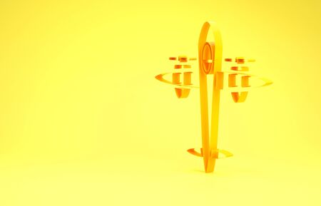 Yellow Old retro vintage plane icon isolated on yellow background. Flying airplane icon. Airliner sign. Minimalism concept. 3d illustration 3D renderの写真素材
